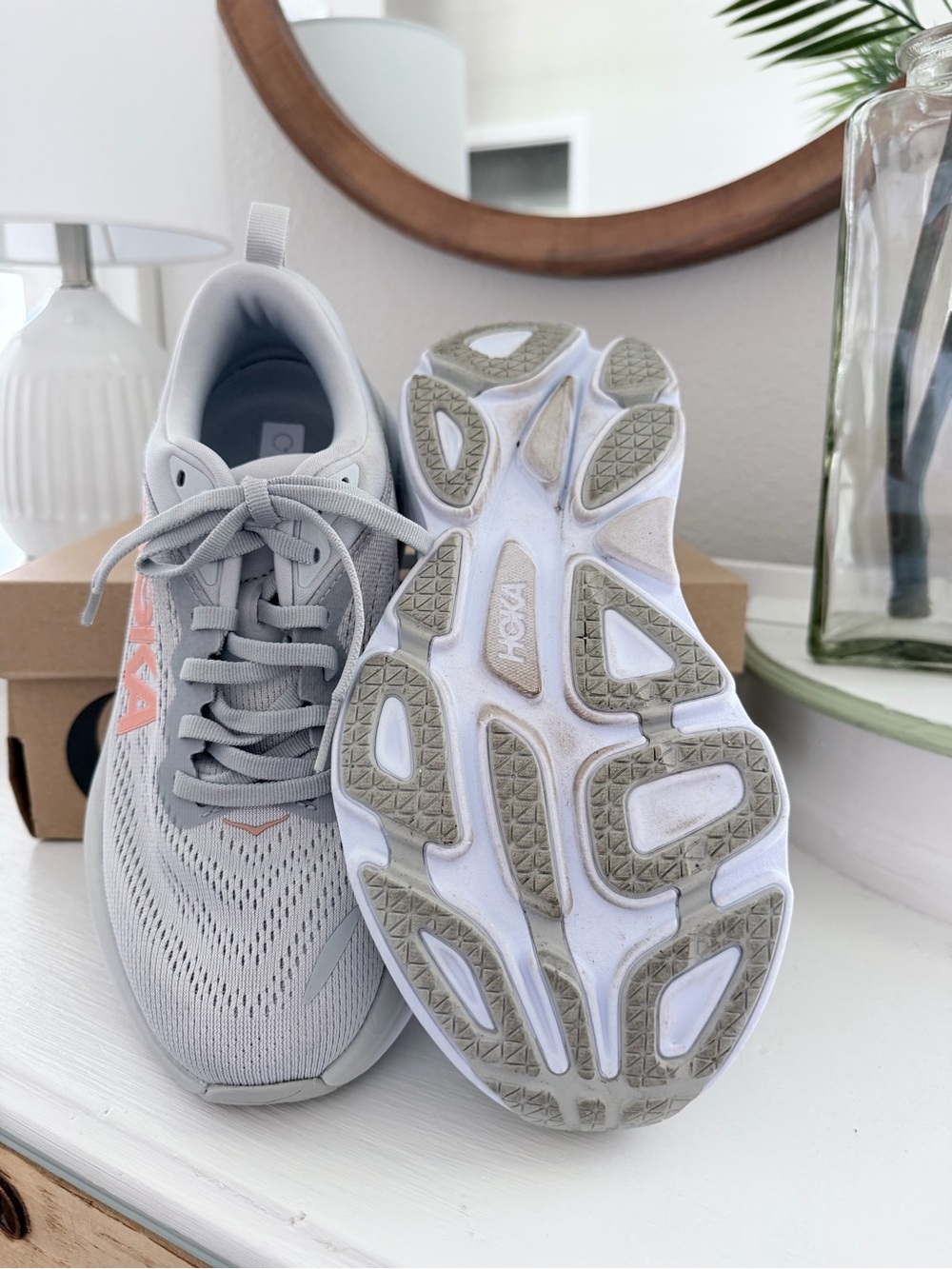 Hoka Women's Light Gray Running Shoes with Coral Accents - Picture 3 of 3